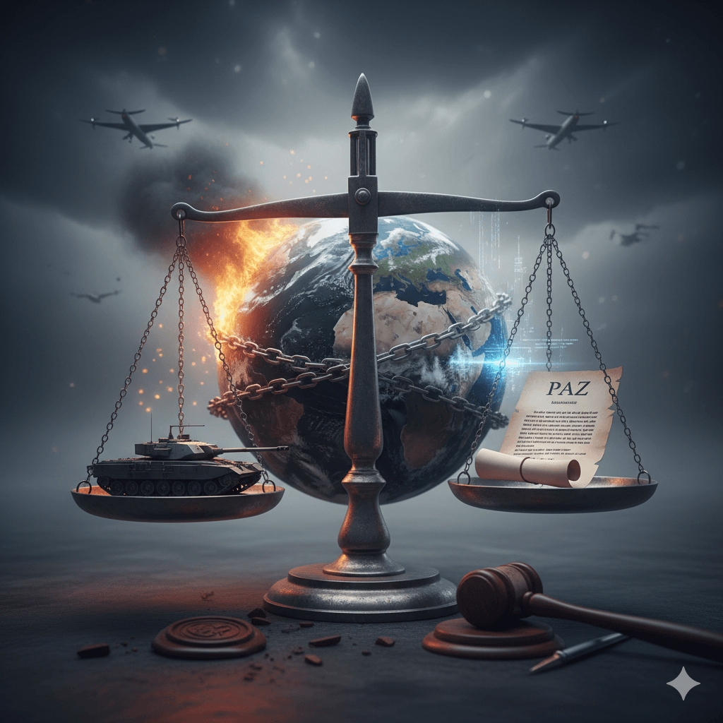 Composición conceptual de una balanza de la justicia equilibrando un tanque militar y un tratado de paz frente a un globo terráqueo encadenado. Al fondo se aprecian siluetas de aviones bajo un cielo tormentoso, que simbolizan la tensión jurídica y política de la intervención militar externa.