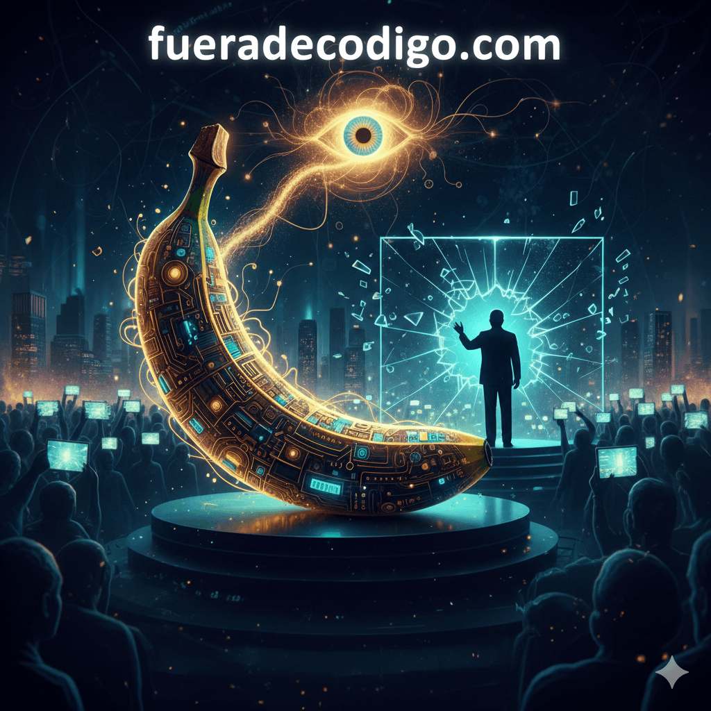 Ilustración conceptual de biopolítica y poder con un banano tecnológico, una silueta de líder y una multitud bajo vigilancia.