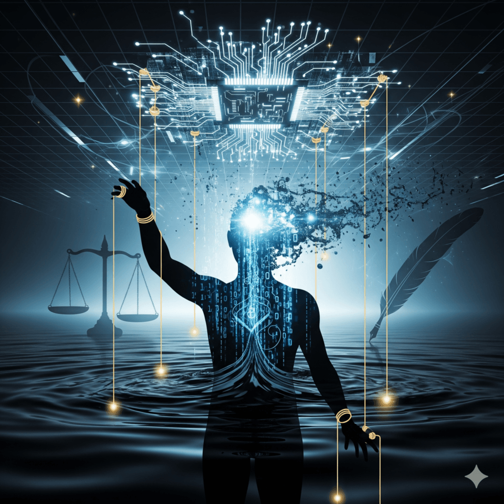 Imagen conceptual: una silueta humana cuya cabeza se disuelve en código binario fluido, con hilos dorados de marioneta conectados a un circuito integrado flotante. El fondo combina una superficie líquida oscura con rejillas digitales, una balanza de la justicia y una pluma, representando el dilema entre la verdad líquida, el derecho y el periodismo.