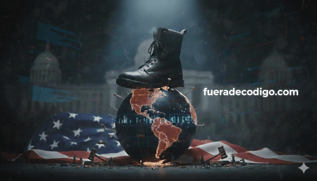 Ilustración conceptual de la intervención extranjera que muestra una bota militar sobre un globo terráqueo centrado en América, rodeado de símbolos de justicia como mazos y balanzas, con el sello de fueradecodigo.com.