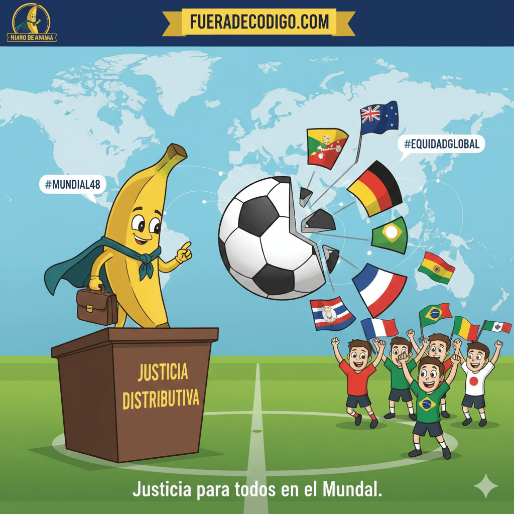 Nano Banana explicando la justicia distributiva y el Mundial 48 equipos en Fuera de Código.