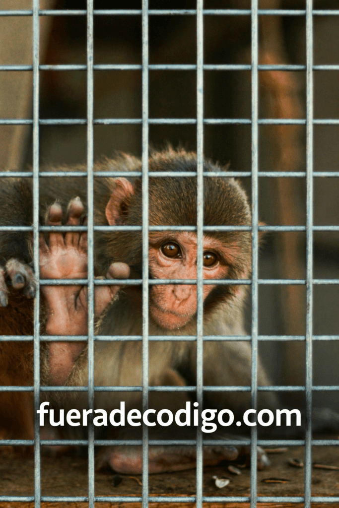 Mono cautivo detrás de una jaula metálica, con expresión triste y mano extendida, como símbolo visual de la lucha por los Derechos de los animales en Colombia y la protección de la fauna silvestre.