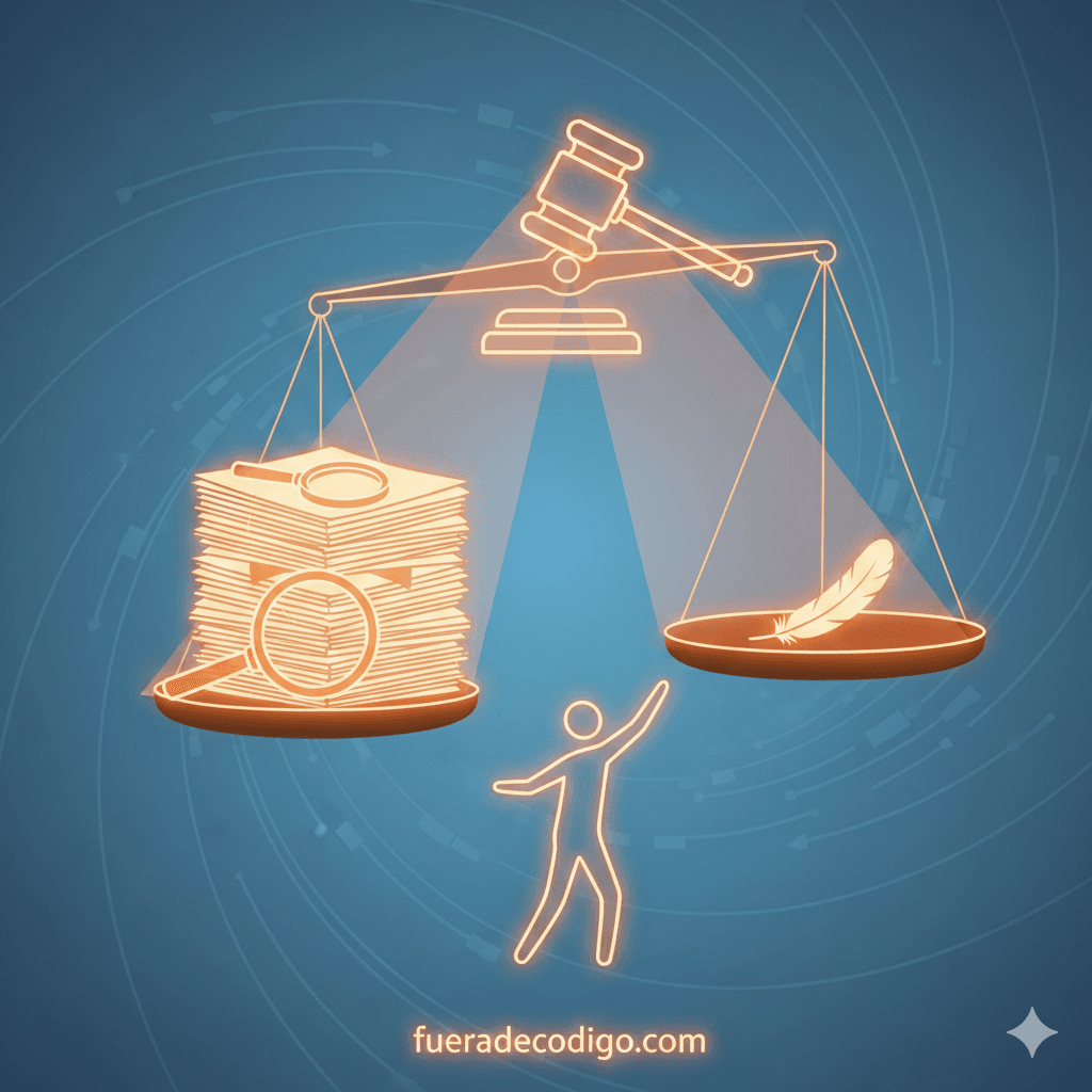 Ilustración conceptual de una balanza de justicia donde un platillo está cargado con una montaña de documentos y lupas (pruebas), pesando más que el otro que contiene una pluma. Debajo, una silueta humana celebra el equilibrio, simbolizando la eficacia de la acción de tutela respaldada por material probatorio. En la base aparece el texto: "fueradecodigo.com".