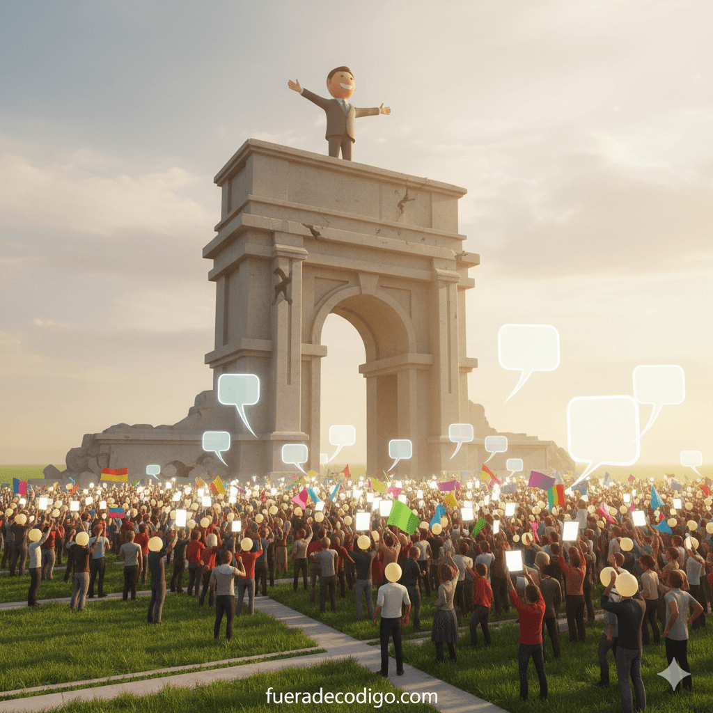 Una multitud frente a un arco triunfal de piedra bajo una luz cálida y brillante. En la cima del arco, una figura pequeña y caricaturesca de un político con los brazos abiertos saluda a la masa. La multitud sostiene globos luminosos y burbujas de diálogo vacías, que simboliza la retórica y la adoración mediática. En la base de la imagen aparece el texto "fueradecodigo.com".
