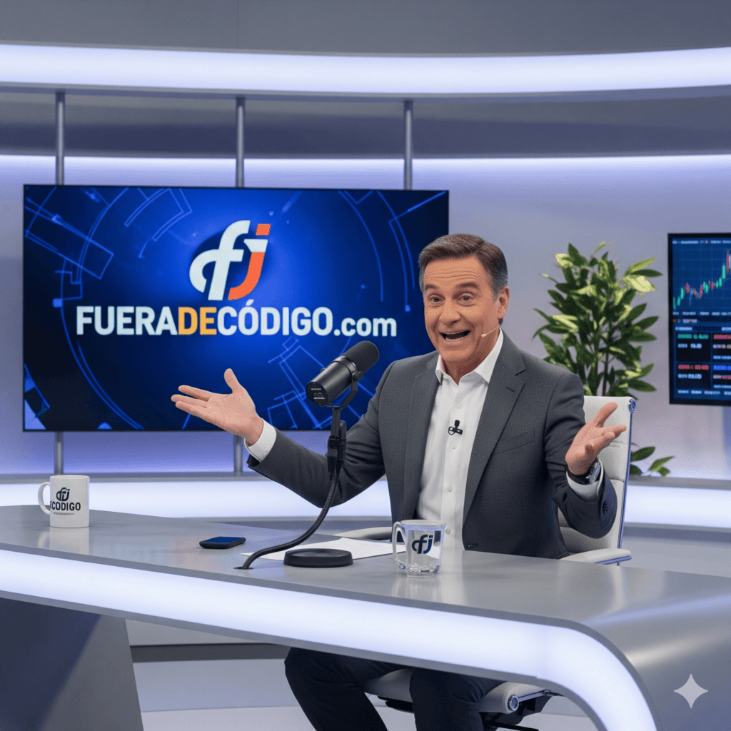 Un político con actitud de presentador de televisión gesticula de forma expresiva en un estudio de grabación moderno. Detrás de él, una pantalla muestra el logotipo de fueradecodigo.com, enfatizando la política como un espectáculo mediático antes que una gestión ejecutiva.