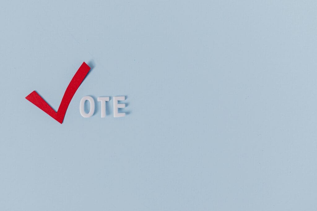 Marca de verificación junto a la palabra “vote”, representando la participación democrática.