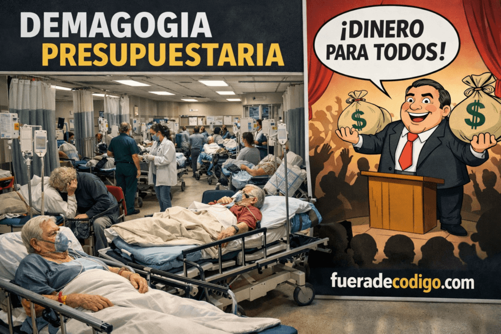 Demagogia presupuestaria. Sala de urgencias hospitalaria abarrotada de pacientes en camillas y personal sanitario trabajando entre la multitud; a la derecha, una ilustración de un político sonriente repartiendo sacos de dinero con el mensaje "¡Dinero para todos!”, junto al texto “fueradecodigo.com