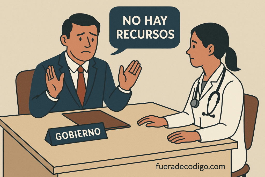 Demagogia presupuestaria. Funcionario del gobierno frente a una médica, con gesto de disculpa y un cartel que dice “No hay recursos”; la escena transmite la falta de presupuesto para el sector salud.