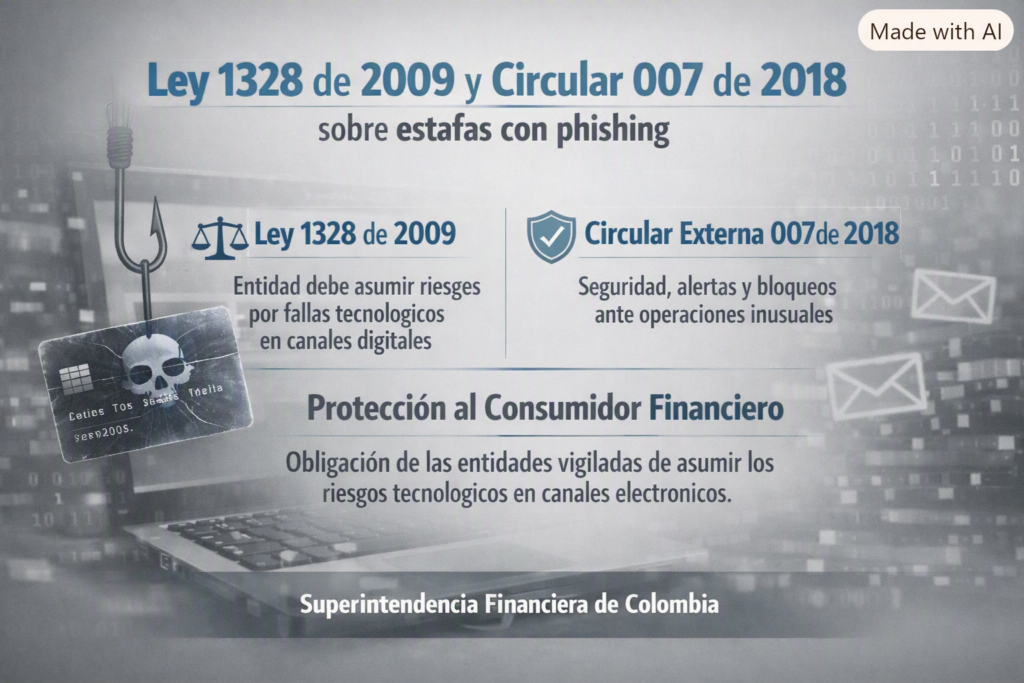  la Ley 1328 de 2009 fija el régimen de protección al consumidor financiero, impone a las entidades vigiladas el deber de asumir los riesgos derivados de fallas tecnológicas en sus canales digitales.